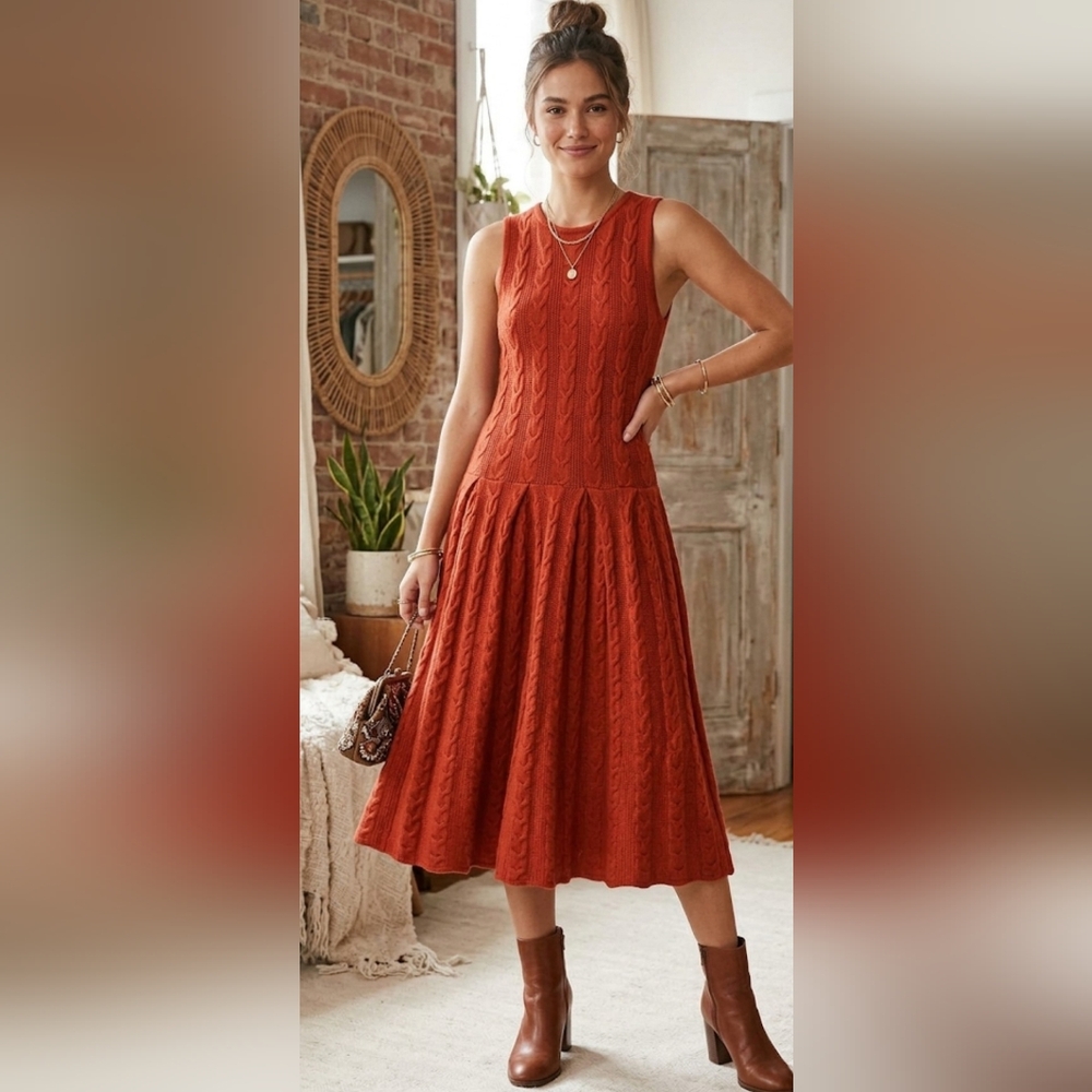 Anthropologie Far Away From Close 100% Wool Cable Knit Fit & Flare Midi Dress XS